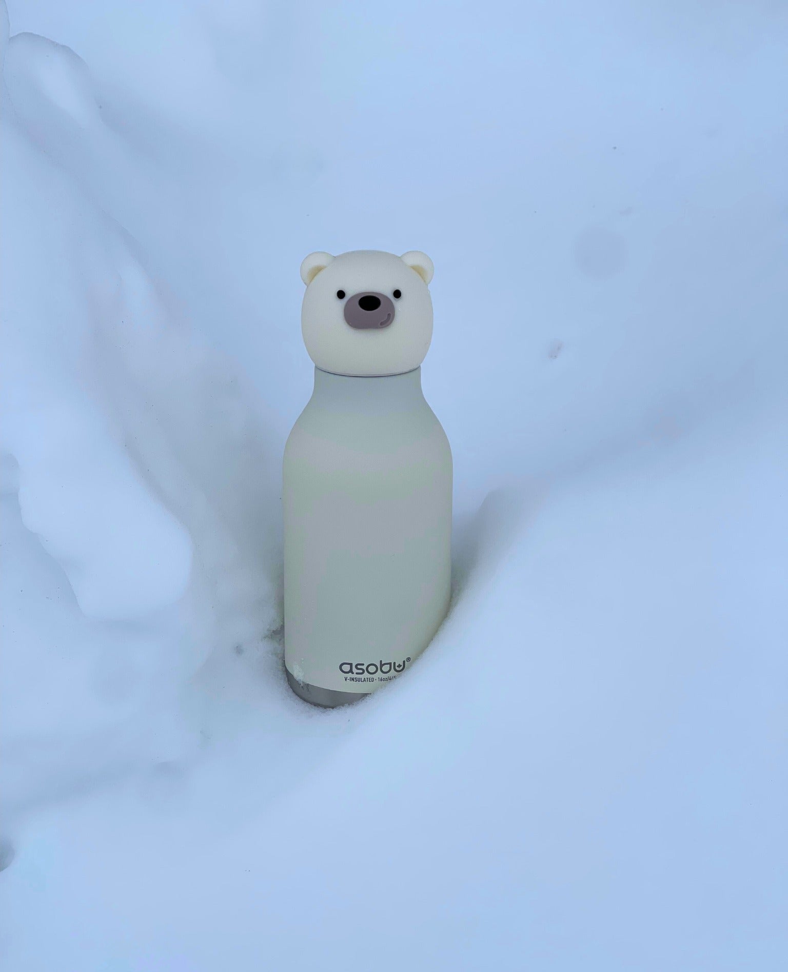 Asobu Bestie Bottle – biała butelka termiczna 460 ml dla dzieci, uroczy wzór niedźwiedzia, słomka, stal nierdzewna, izolacja termiczna.