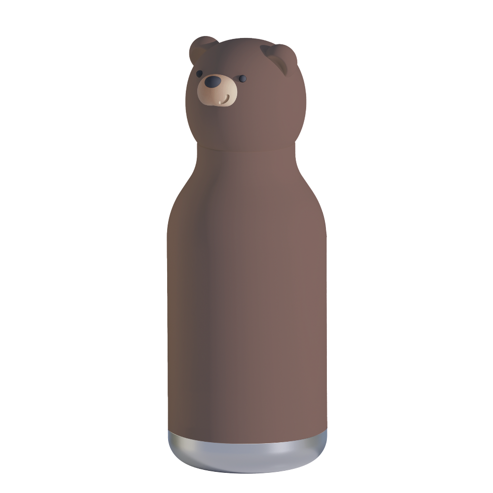 Asobu Bestie Bottle Brown Bear – brązowa butelka termiczna 460 ml dla dzieci, uroczy wzór misia, słomka, stal nierdzewna, izolacja termiczna.
