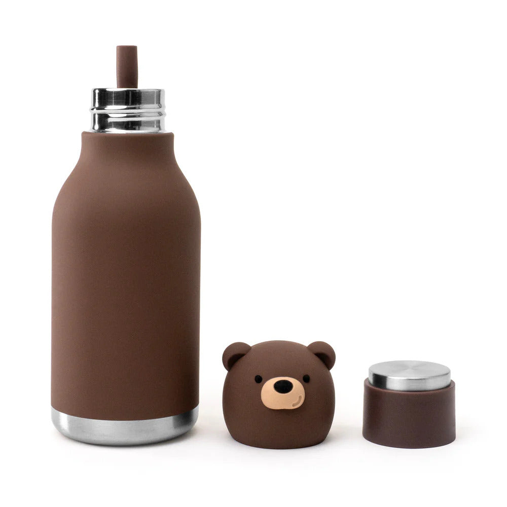 Asobu Bestie Bottle Brown Bear – brązowa butelka termiczna 460 ml dla dzieci, uroczy wzór misia, słomka, stal nierdzewna, izolacja termiczna.