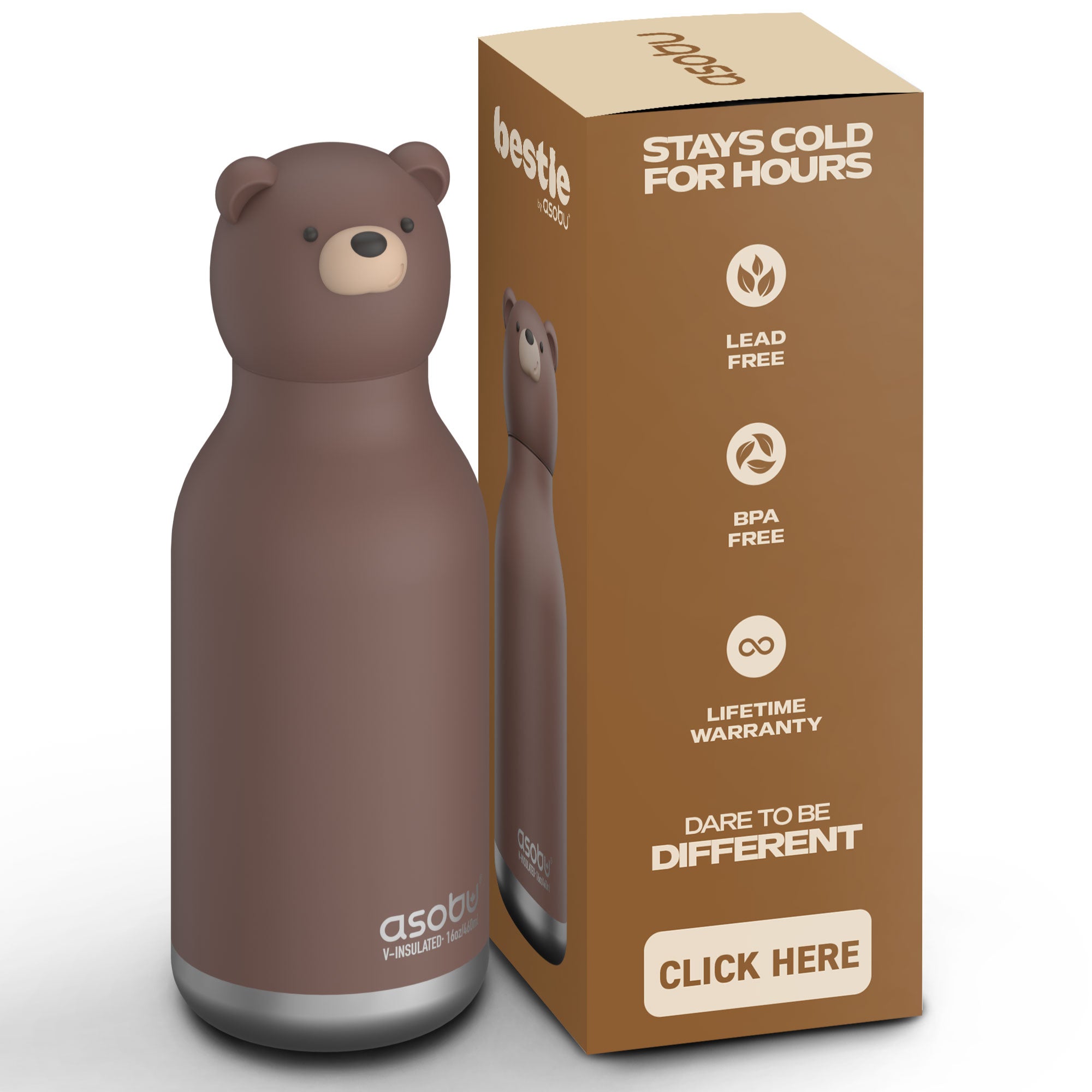Asobu Bestie Bottle Brown Bear – brązowa butelka termiczna 460 ml dla dzieci, uroczy wzór misia, słomka, stal nierdzewna, izolacja termiczna.