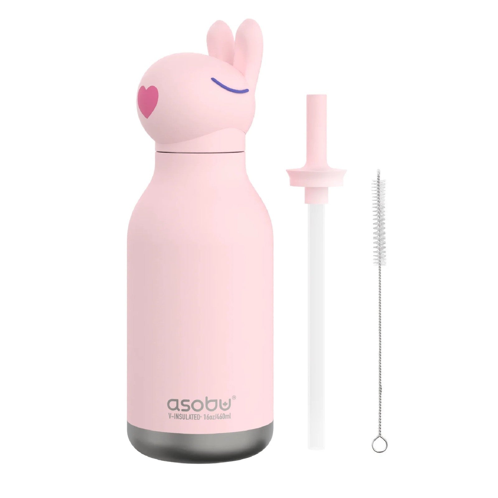 Asobu Bestie Bottle – różowa butelka termiczna 460 ml dla dzieci, uroczy wzór króliczka, słomka, stal nierdzewna, izolacja termiczna.