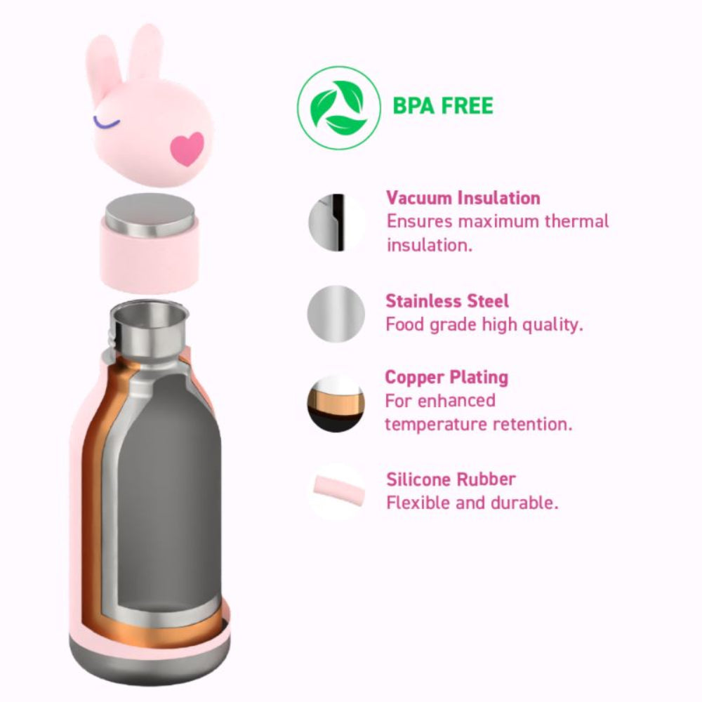 Asobu Bestie Bottle – różowa butelka termiczna 460 ml dla dzieci, uroczy wzór króliczka, słomka, stal nierdzewna, izolacja termiczna.
