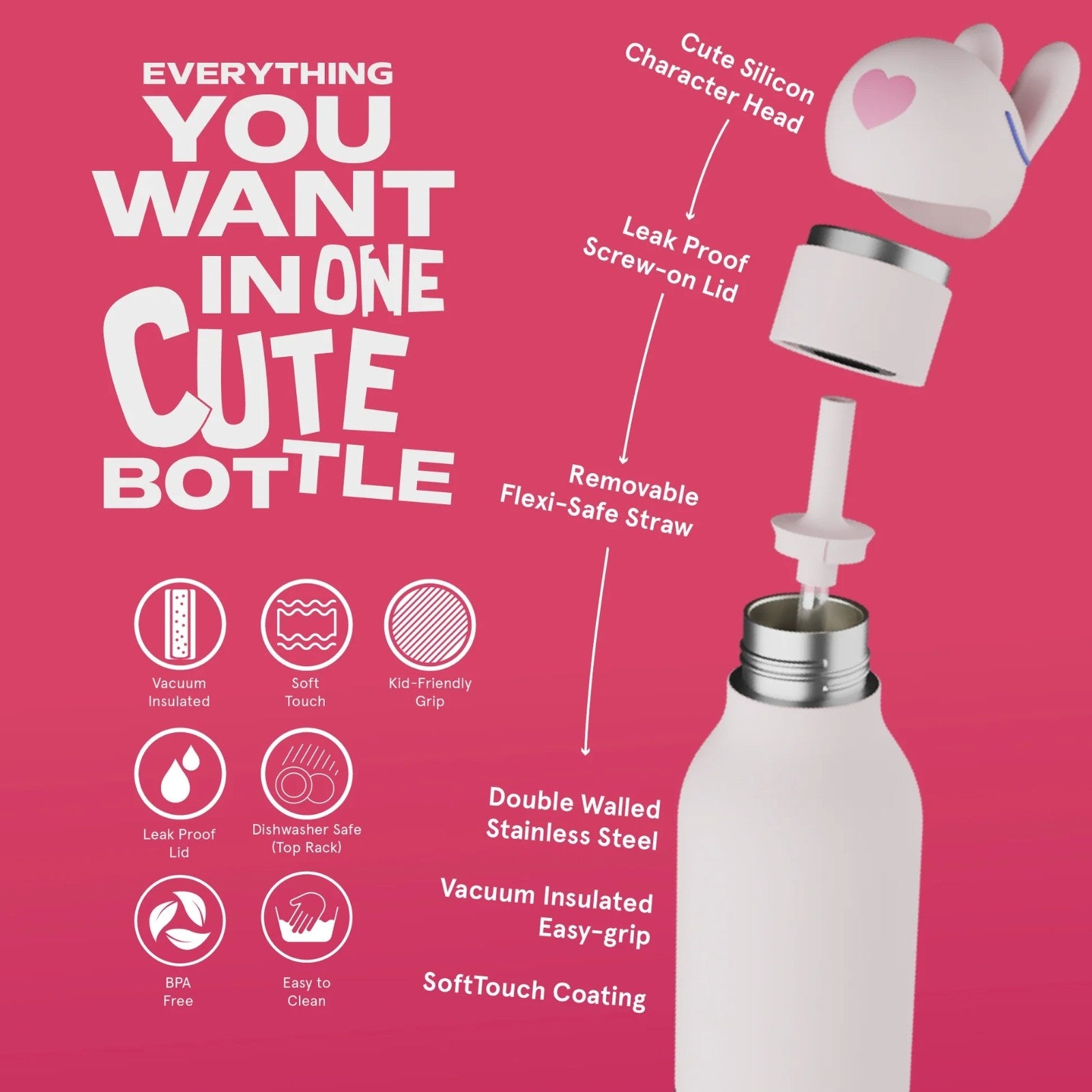 Asobu Bestie Bottle – różowa butelka termiczna 460 ml dla dzieci, uroczy wzór króliczka, słomka, stal nierdzewna, izolacja termiczna.