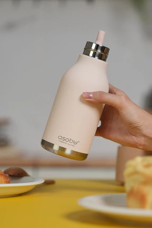 Asobu Bestie Bottle – różowa butelka termiczna 460 ml dla dzieci, uroczy wzór króliczka, słomka, stal nierdzewna, izolacja termiczna.