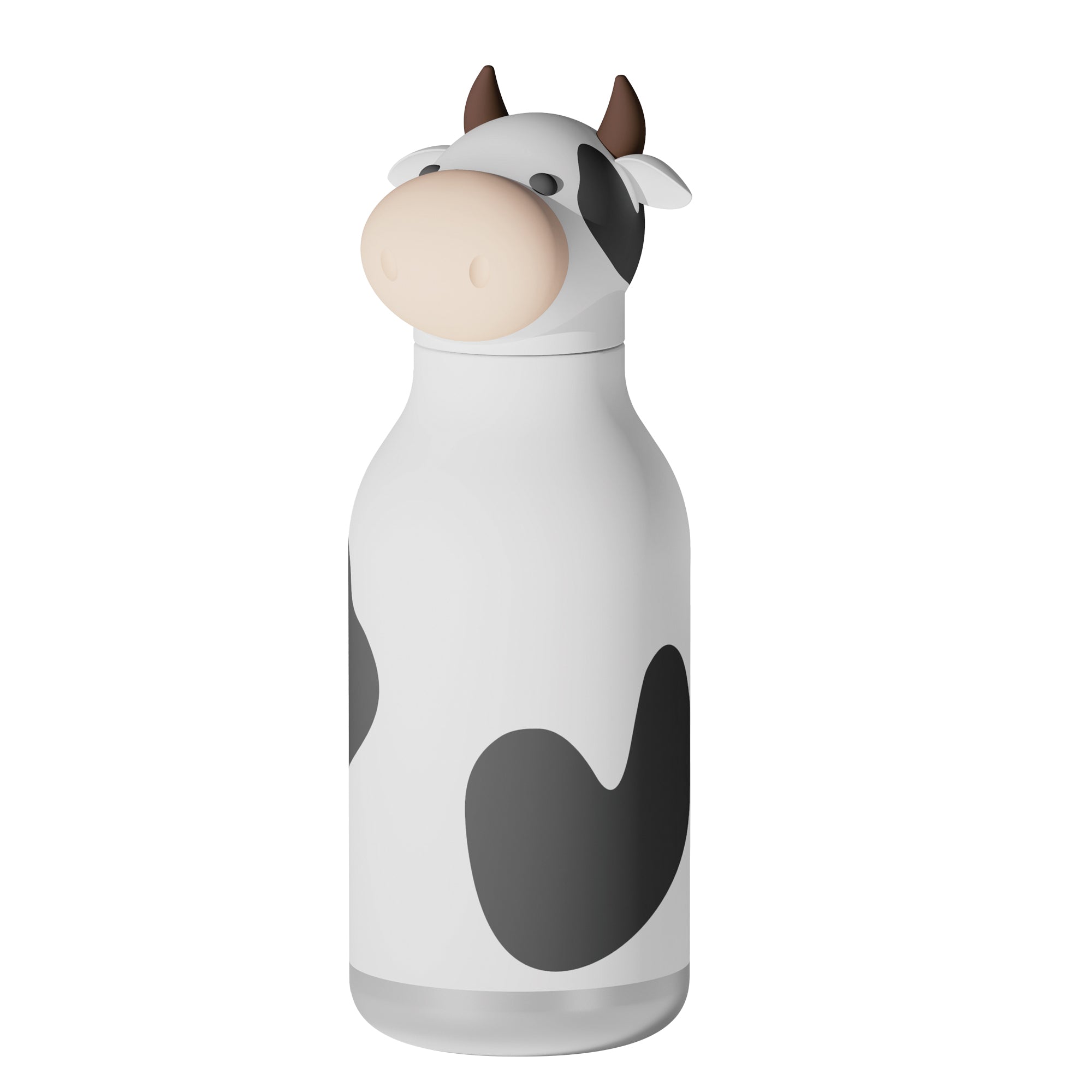 Asobu Bestie Bottle Cow – biało-czarna butelka termiczna 460 ml dla dzieci, uroczy wzór krowy, słomka, stal nierdzewna, izolacja termiczna.