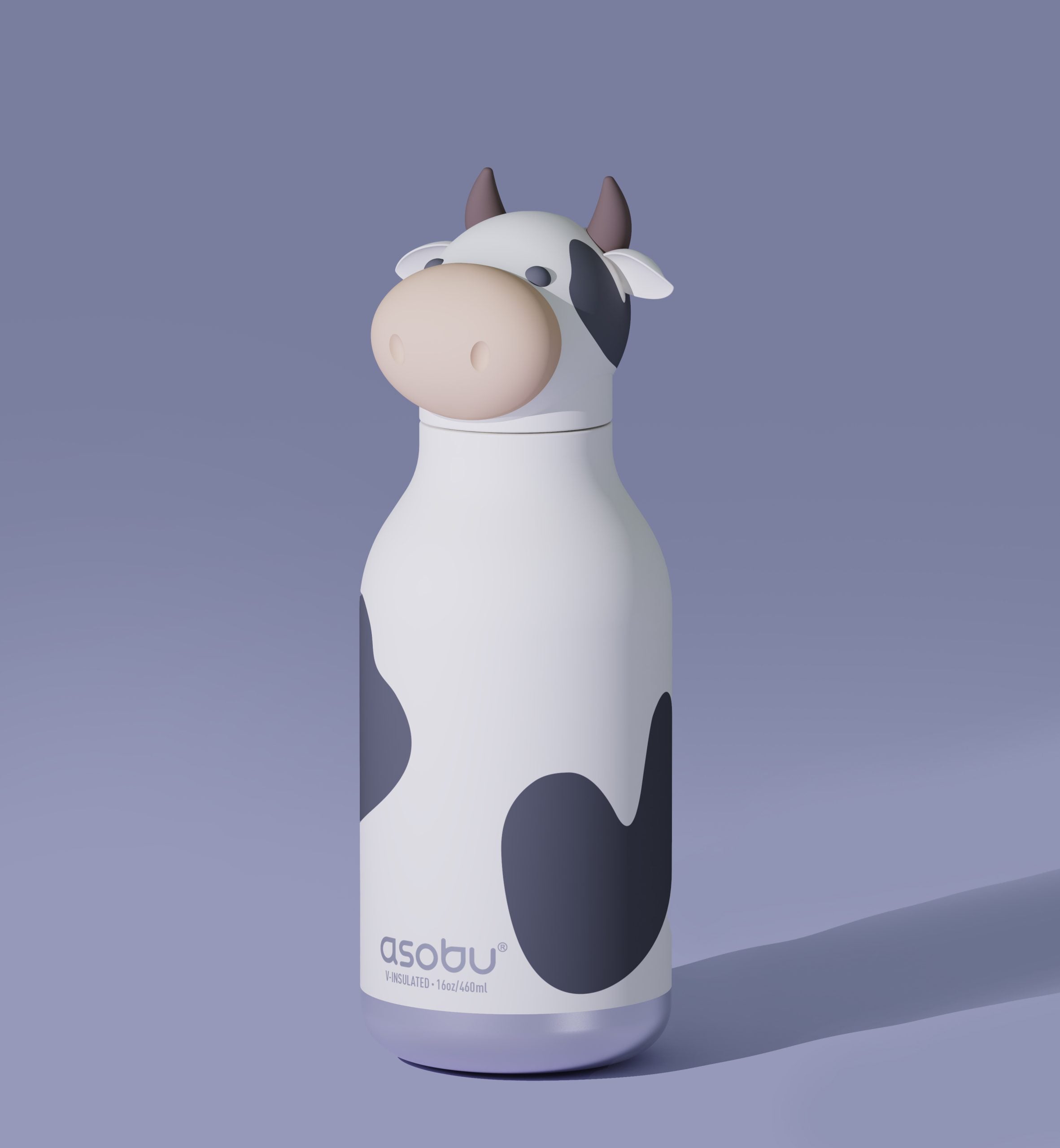Asobu Bestie Bottle Cow – biało-czarna butelka termiczna 460 ml dla dzieci, uroczy wzór krowy, słomka, stal nierdzewna, izolacja termiczna.