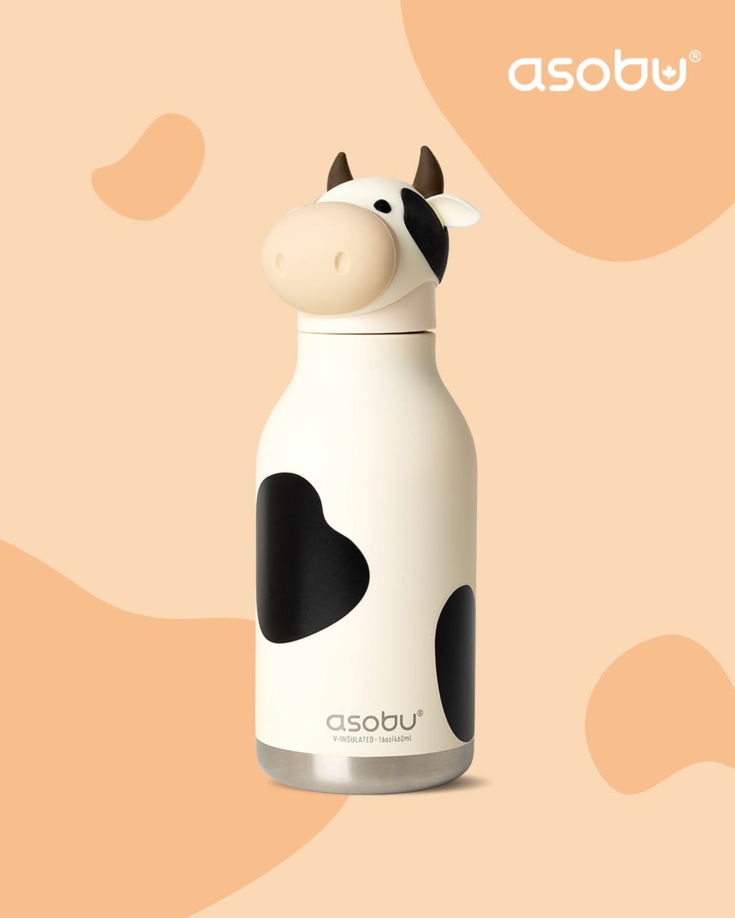 Asobu Bestie Bottle Cow – biało-czarna butelka termiczna 460 ml dla dzieci, uroczy wzór krowy, słomka, stal nierdzewna, izolacja termiczna.