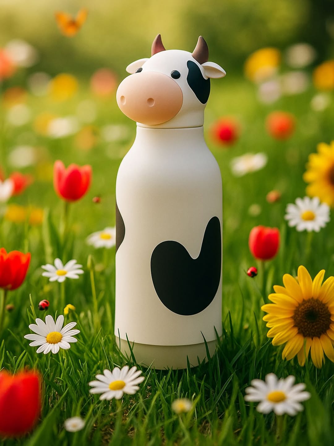 Asobu Bestie Bottle Cow – biało-czarna butelka termiczna 460 ml dla dzieci, uroczy wzór krowy, słomka, stal nierdzewna, izolacja termiczna.