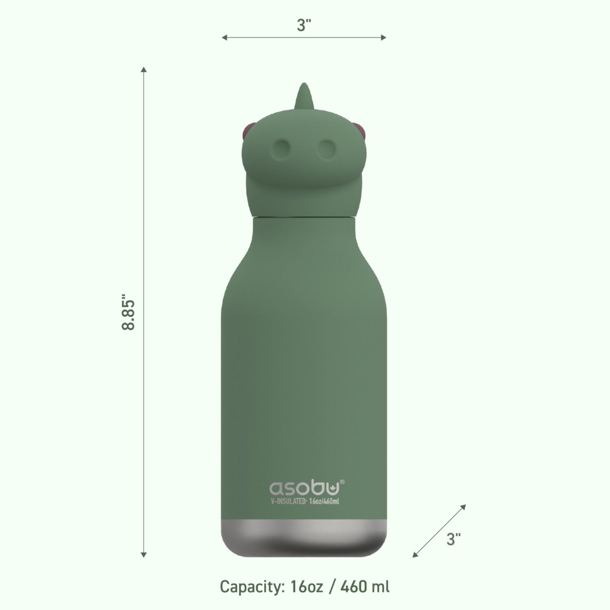 Asobu Bestie Bottle – zielona butelka termiczna 460 ml dla dzieci, uroczy wzór dinozaura, słomka, stal nierdzewna, izolacja termiczna.
