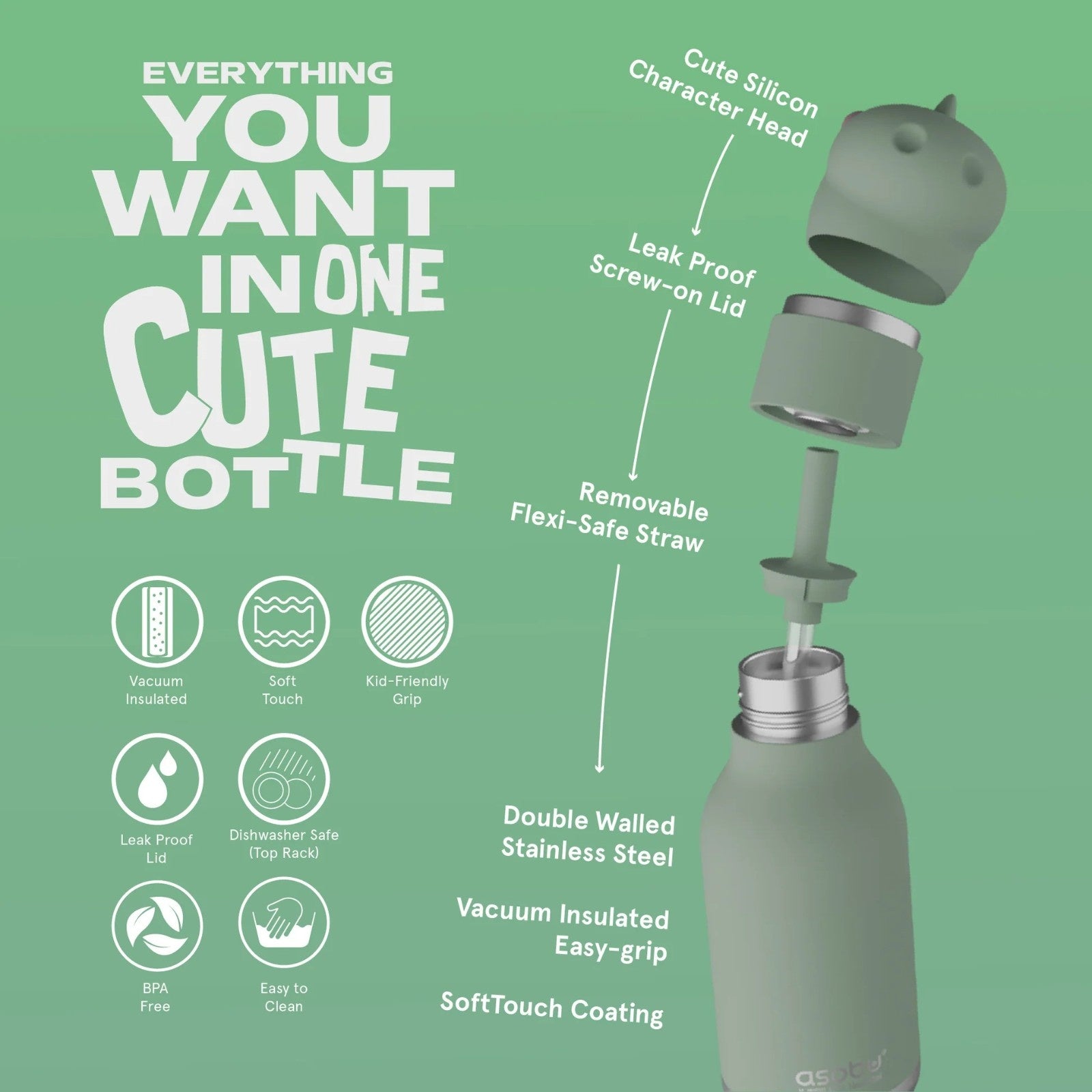 Asobu Bestie Bottle – zielona butelka termiczna 460 ml dla dzieci, uroczy wzór dinozaura, słomka, stal nierdzewna, izolacja termiczna.