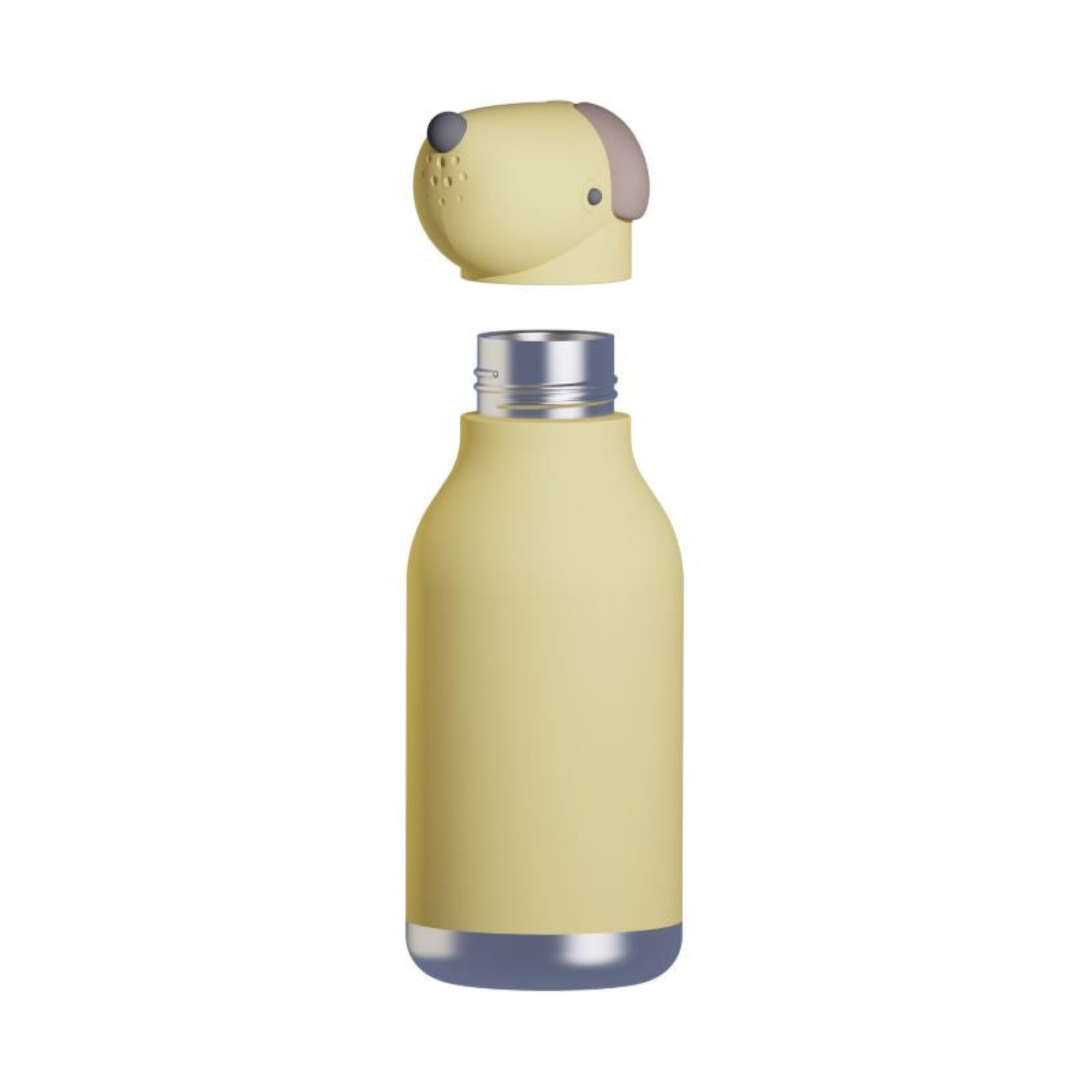 Asobu Bestie Bottle – żółta butelka termiczna 460 ml dla dzieci, uroczy wzór pieska, słomka, stal nierdzewna, izolacja termiczna.