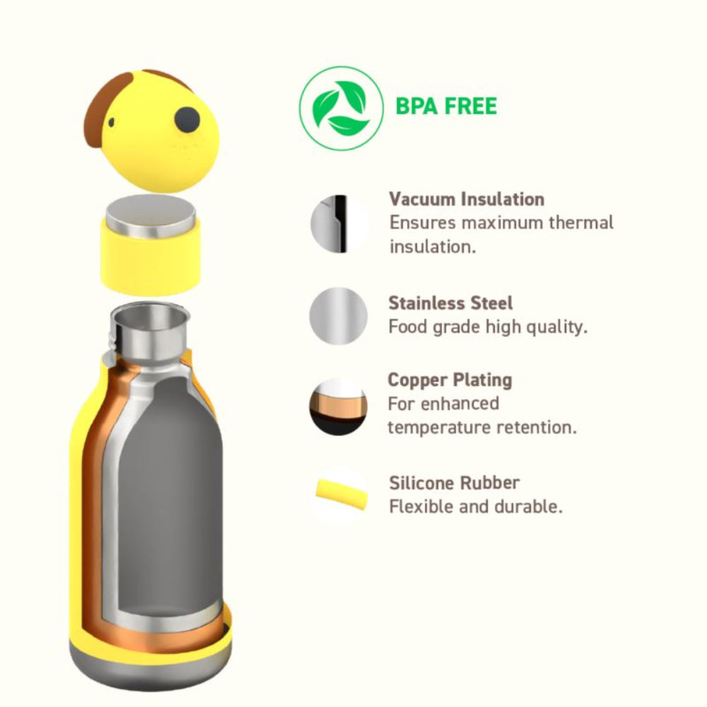 Asobu Bestie Bottle – żółta butelka termiczna 460 ml dla dzieci, uroczy wzór pieska, słomka, stal nierdzewna, izolacja termiczna.