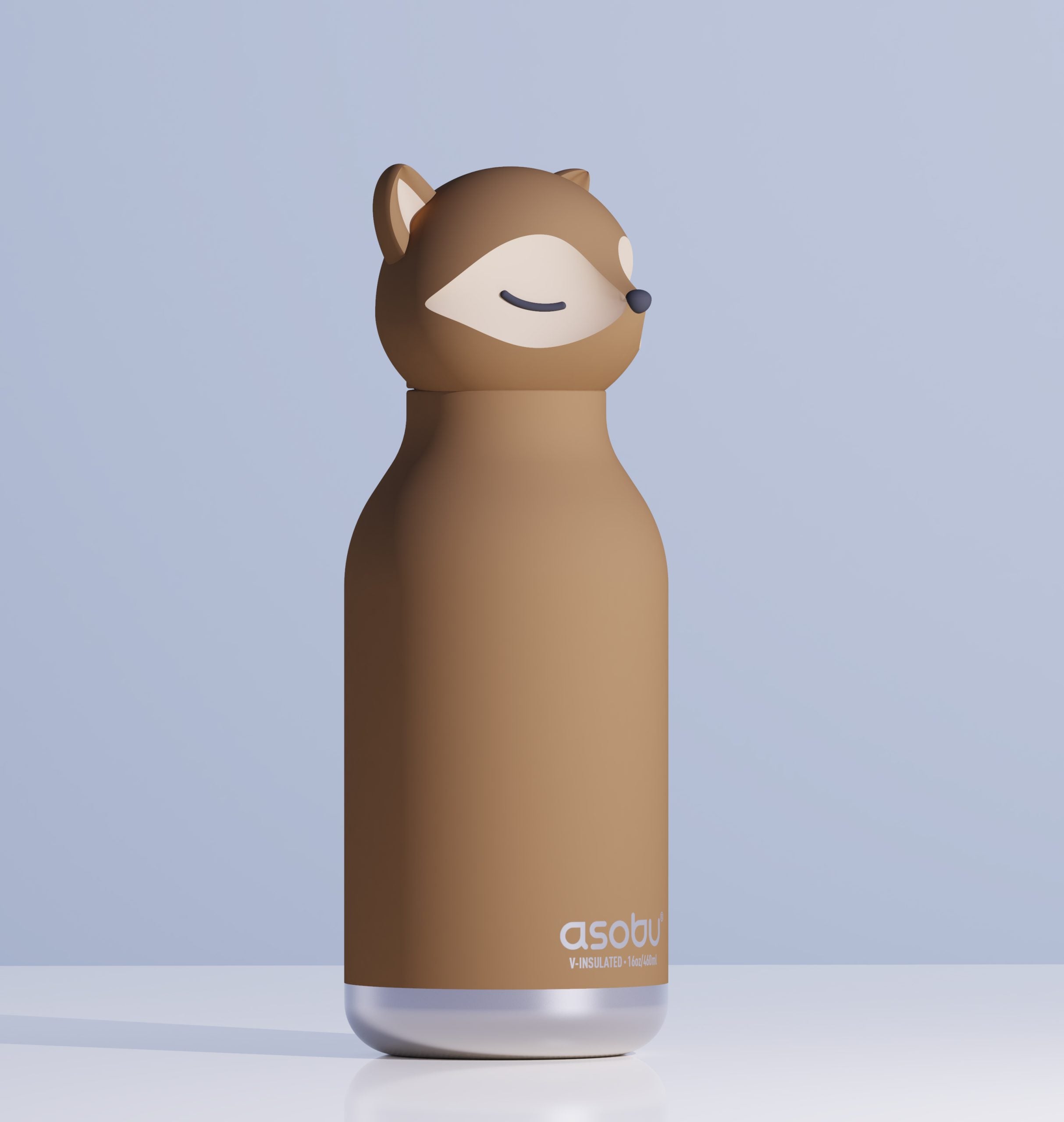 Asobu Bestie Bottle Fox– brązowa butelka termiczna 460 ml dla dzieci, uroczy wzór lisa, słomka, stal nierdzewna, izolacja termiczna.