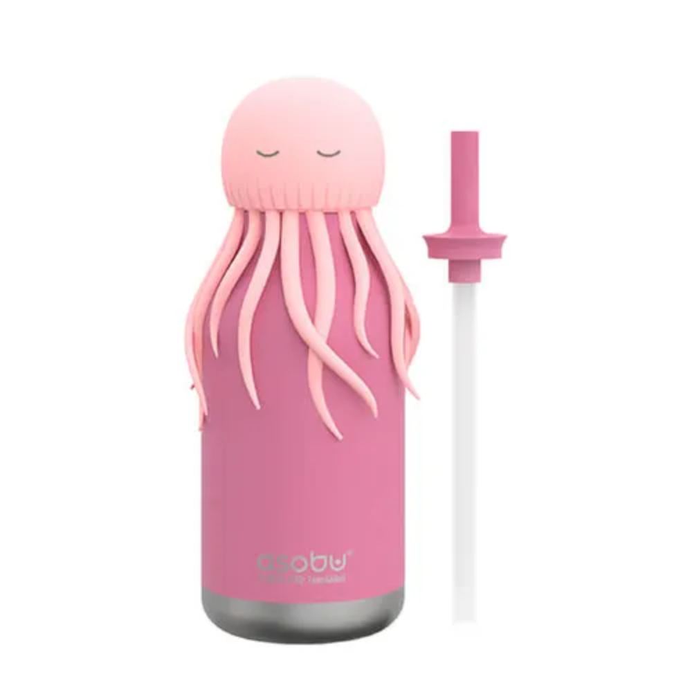 Asobu Bestie Bottle – różowa butelka termiczna 460 ml dla dzieci, uroczy wzór ośmiornicy, słomka, stal nierdzewna, izolacja termiczna.