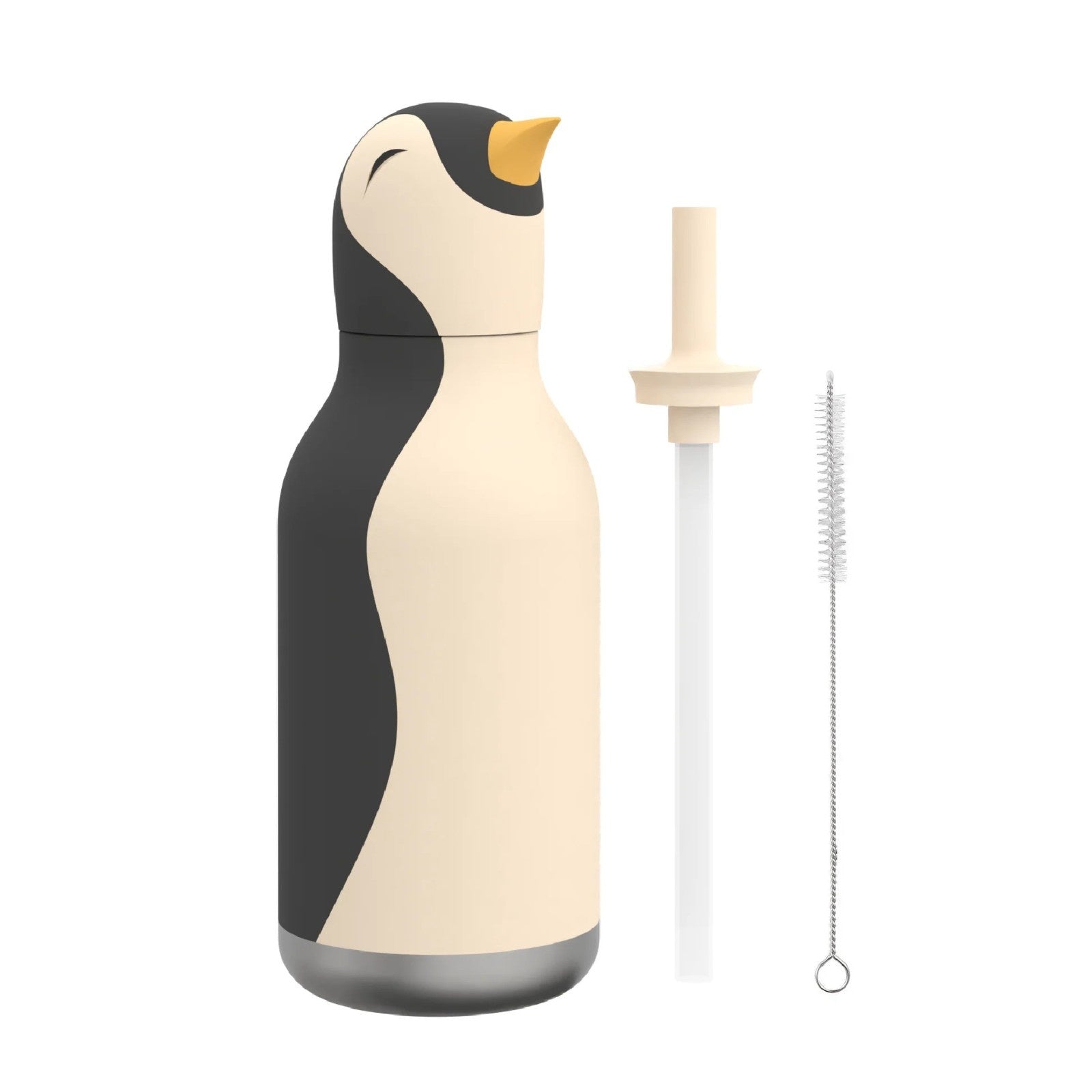 Asobu Bestie Bottle – czarno-biała butelka termiczna 460 ml dla dzieci, uroczy wzór pingwina, słomka, stal nierdzewna, izolacja termiczna.