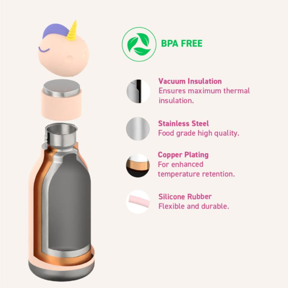 Asobu Bestie Bottle – różowa butelka termiczna 460 ml dla dzieci, uroczy wzór jednorożca, słomka, stal nierdzewna, izolacja termiczna.