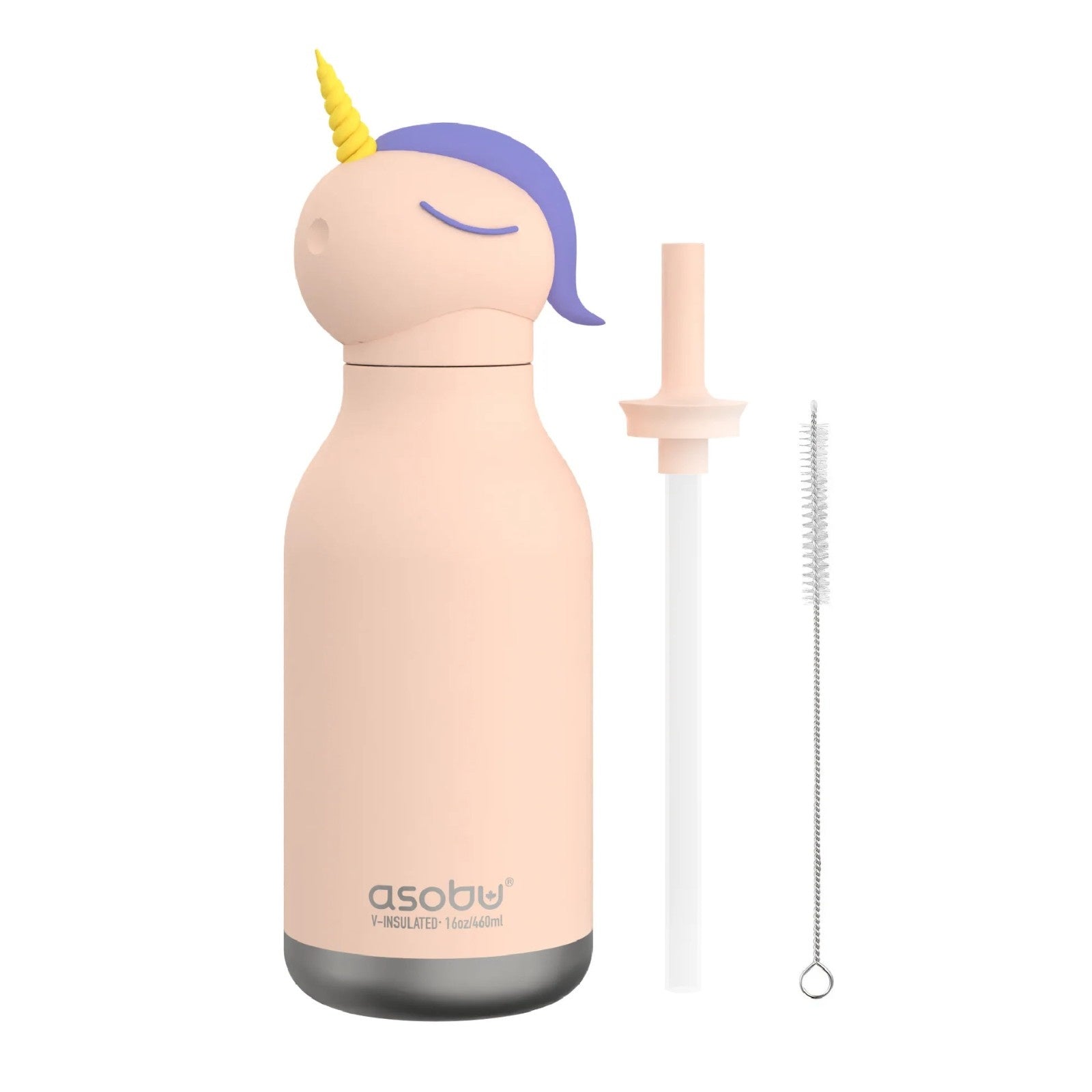 Asobu Bestie Bottle – różowa butelka termiczna 460 ml dla dzieci, uroczy wzór jednorożca, słomka, stal nierdzewna, izolacja termiczna.