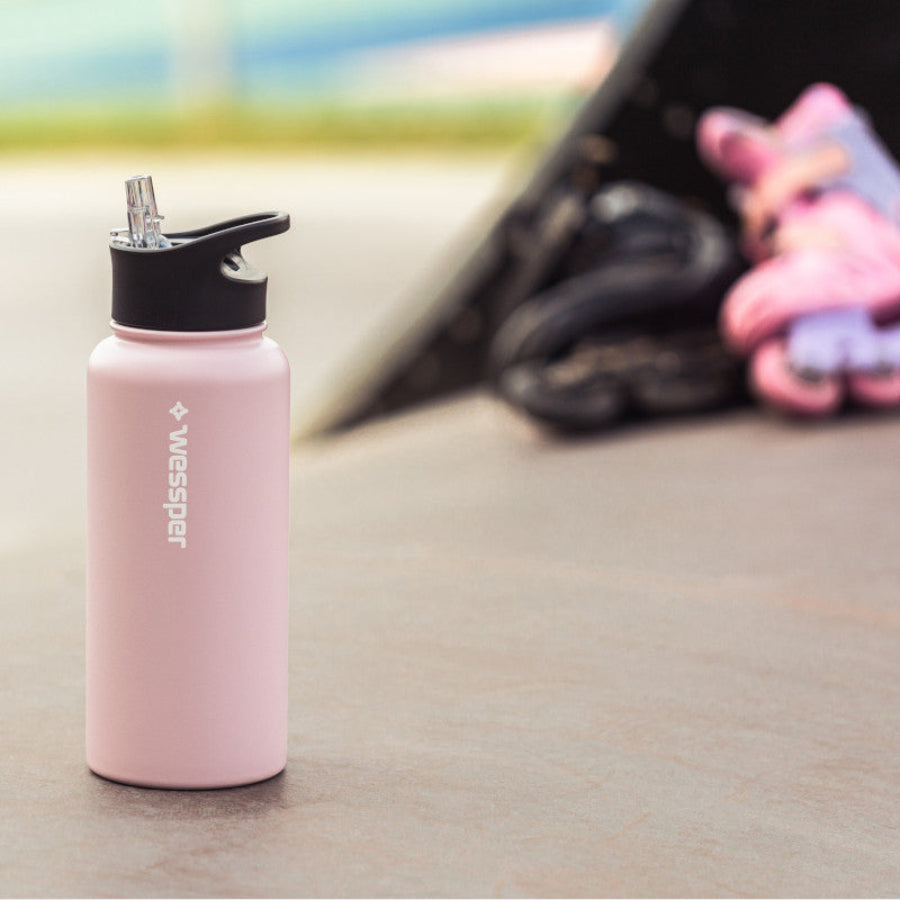 Wessper Thermosteel 1 l różowa – stalowa butelka termiczna, utrzymuje ciepło 12 h, zimno 24 h, 3 zakrętki, szczelna.