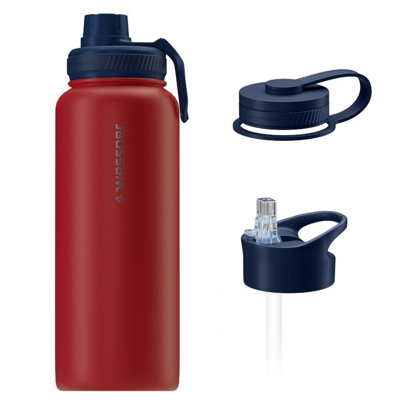Wessper Thermosteel 1 l czerwona – stalowa butelka termiczna, utrzymuje ciepło 12 h, zimno 24 h, 3 zakrętki, szczelna.