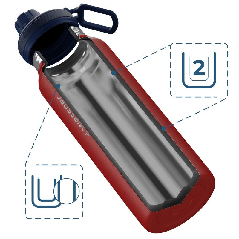 Wessper Thermosteel 1 l czerwona – stalowa butelka termiczna, utrzymuje ciepło 12 h, zimno 24 h, 3 zakrętki, szczelna.