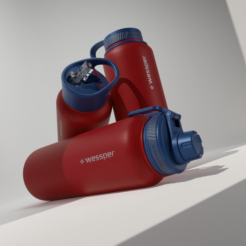 Wessper Thermosteel 1 l czerwona – stalowa butelka termiczna, utrzymuje ciepło 12 h, zimno 24 h, 3 zakrętki, szczelna.