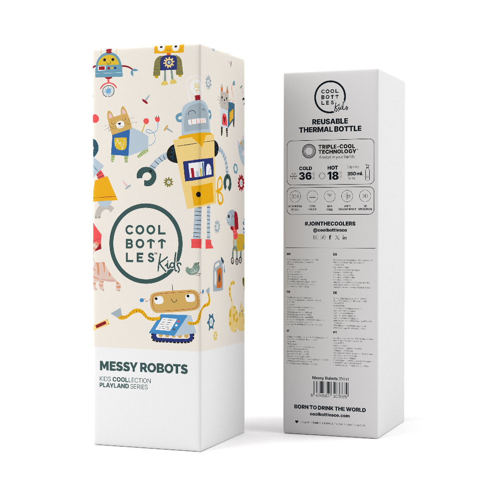 Cool Bottles Kids Messy Robots – termiczna butelka dla dzieci, z ustnikiem, bez BPA, wzór: roboty