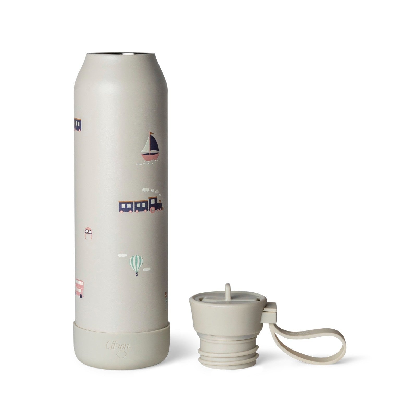 Citron beżowa butelka Vehicles 500 ml dziecięca, termiczna, stal nierdzewna, szczelna, z elastyczną słomką, wzór: pojazdy