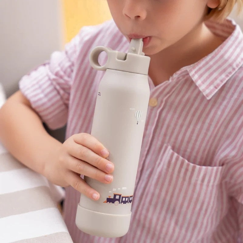 Citron beżowa butelka Vehicles 500 ml dziecięca, termiczna, stal nierdzewna, szczelna, z elastyczną słomką, wzór: pojazdy