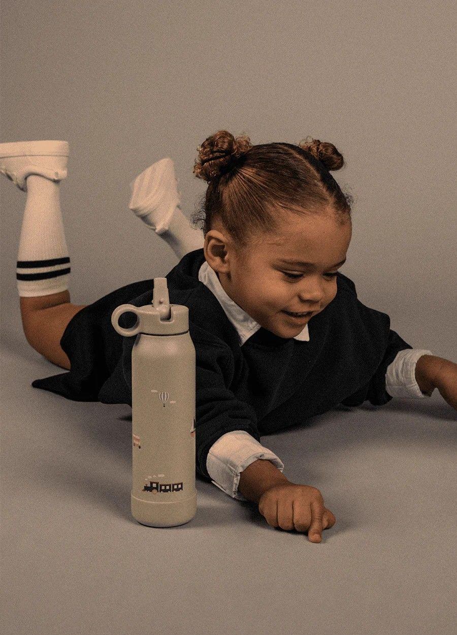 Citron beżowa butelka Vehicles 500 ml dziecięca, termiczna, stal nierdzewna, szczelna, z elastyczną słomką, wzór: pojazdy