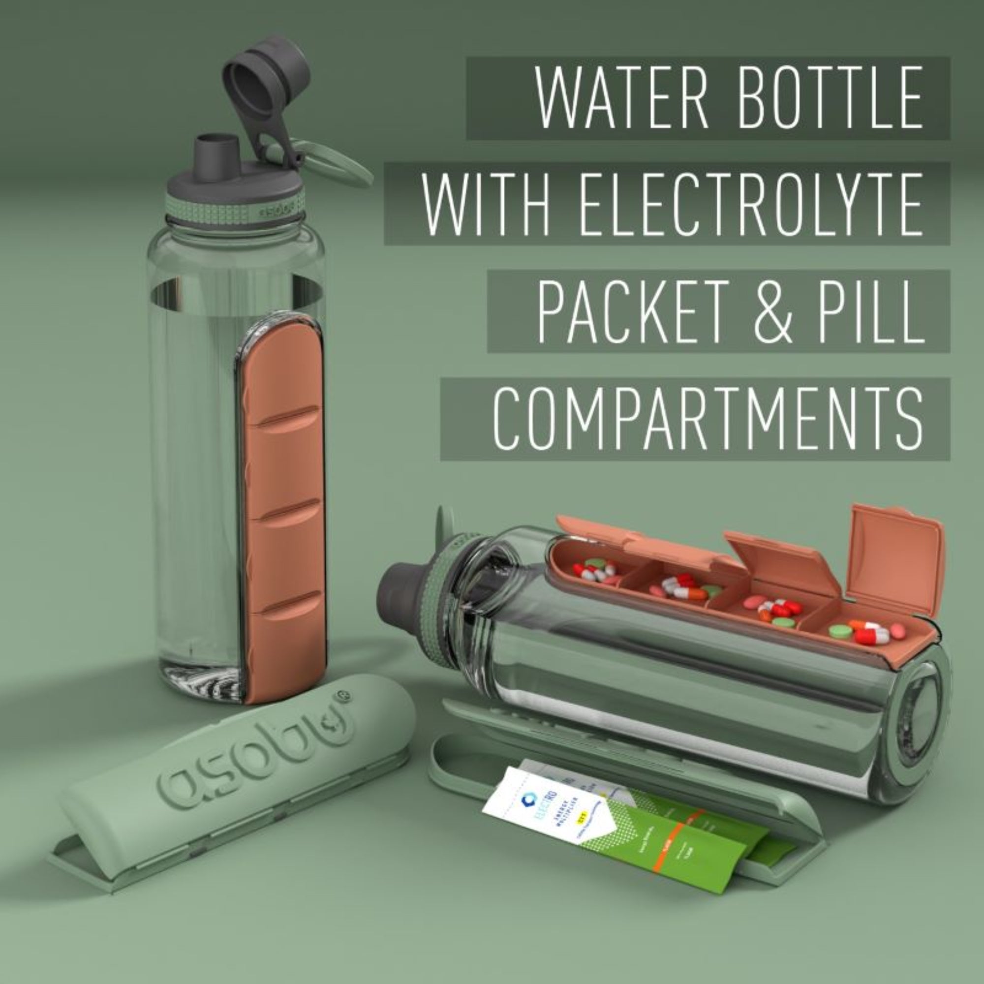 Butelka ASOBU Electrolyte zielona 1,3 l – wytrzymały tritan, wbudowany pojemnik na suplementy, szczelna i lekka, idealna dla aktywnych