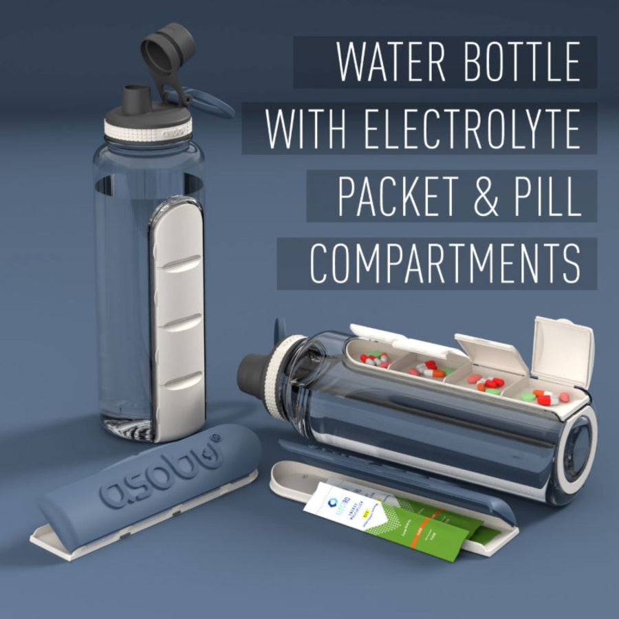 Butelka ASOBU Electrolyte niebieska 1,3 l – wytrzymały tritan, wbudowany pojemnik na suplementy, szczelna i lekka, idealna dla aktywnych