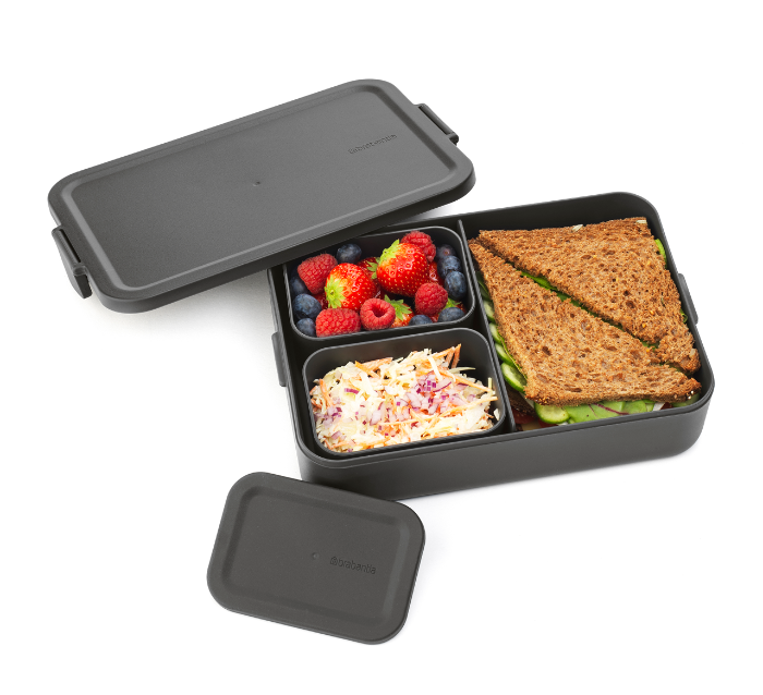 Lunchbox Brabantia Make & Take 2 L z przegródkami i dodatkowymi pojemnikami, szczelny, nadaje się do mikrofalówki, zamrażarki i zmywarki, ekologiczny, kolor: czarny