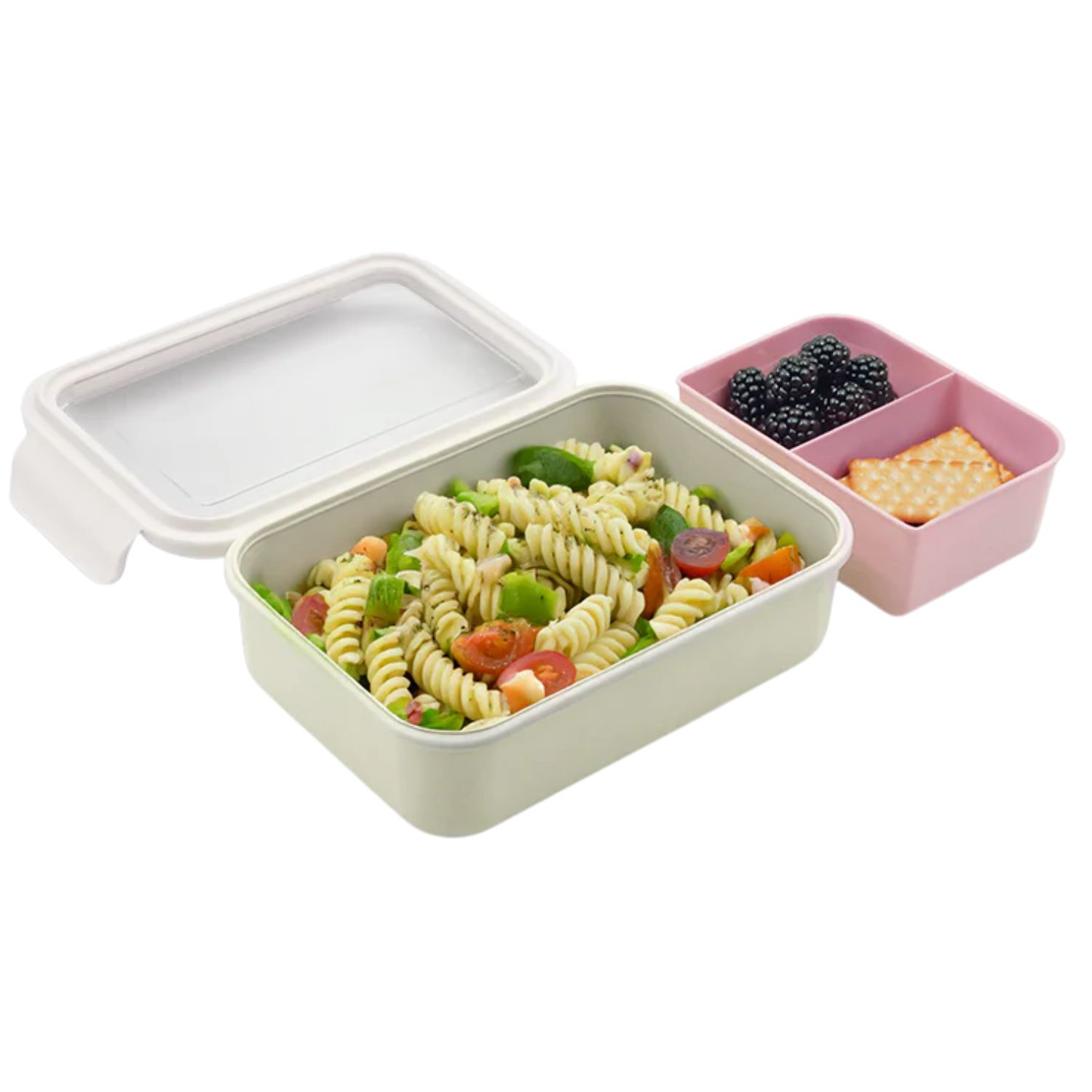 Duży lunchbox z wyjmowanymi przegródkami Melii Ivory & Blush - 3 przegródki, 100% szczelności, łatwy do otwierania i bezpieczny dla zdrowia, silikon spożywczy, idealny do szkoły i pracy, kolor: biały / różowy
