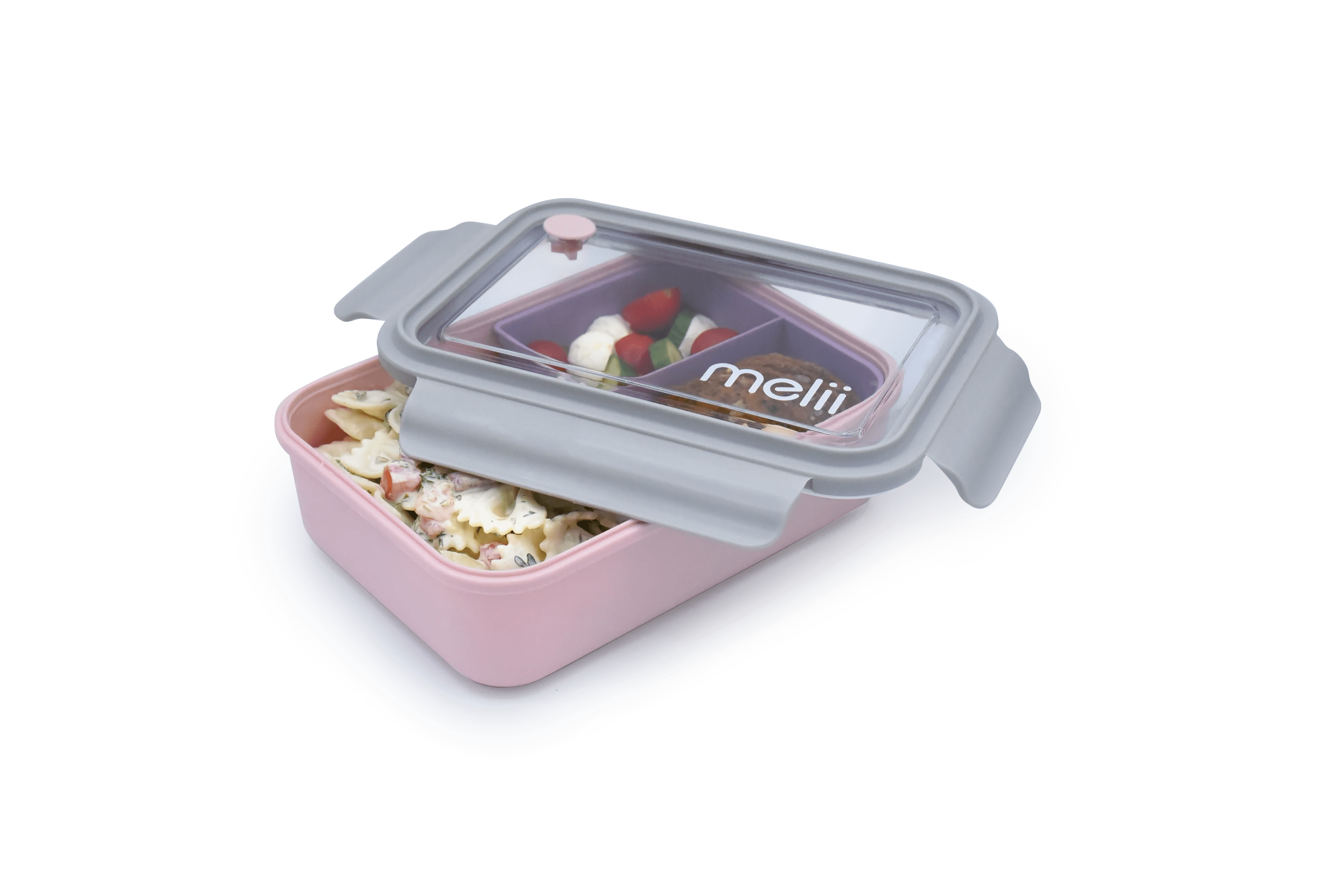 Duży lunchbox z wyjmowanymi przegródkami Melii Pink & Grey - 3 przegródki, 100% szczelności, łatwy do otwierania i bezpieczny dla zdrowia, silikon spożywczy, idealny do szkoły i pracy, kolor: różowy / szary