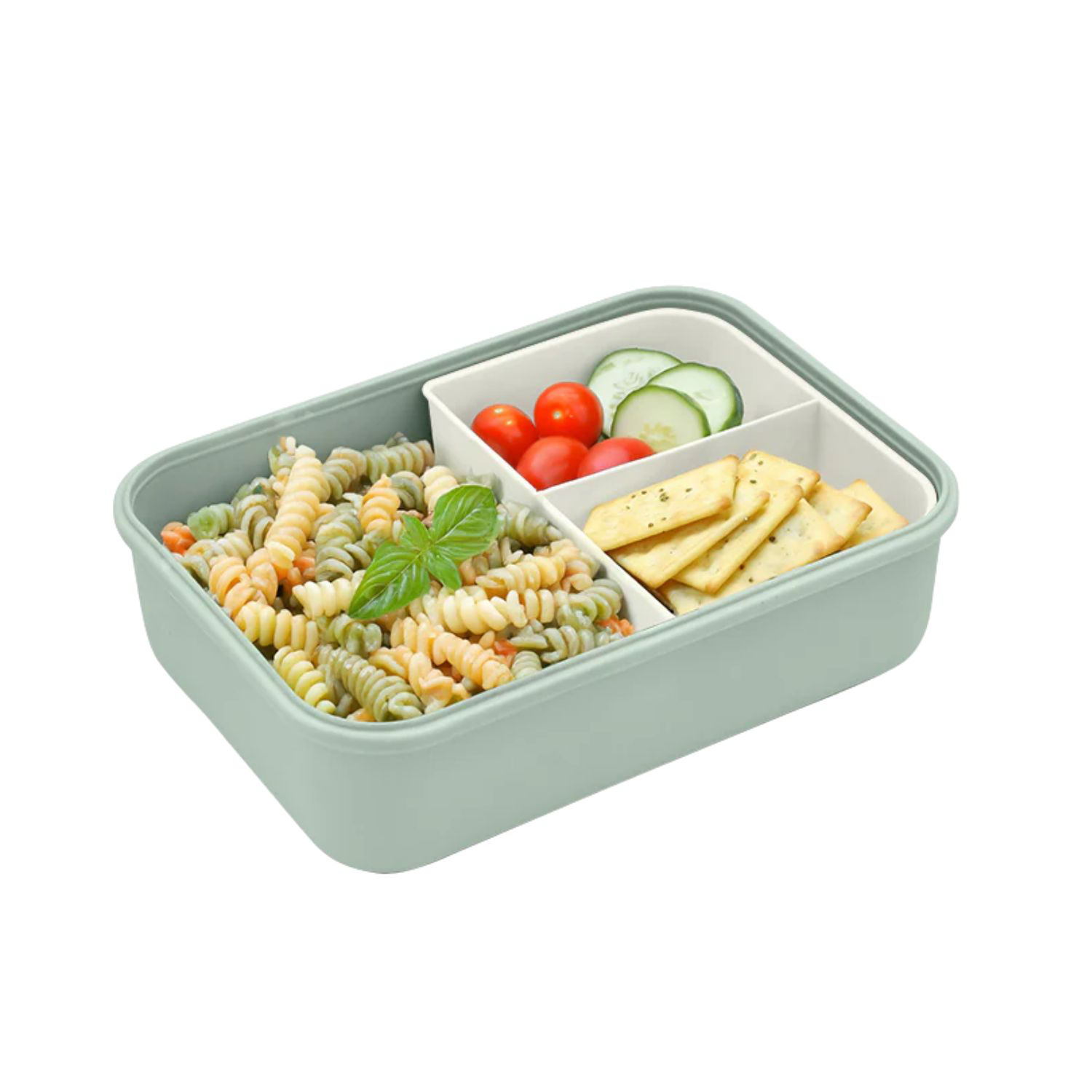 Duży lunchbox z wyjmowanymi przegródkami Melii Sage & Ivory - 3 przegródki, 100% szczelności, łatwy do otwierania i bezpieczny dla zdrowia, silikon spożywczy, idealny do szkoły i pracy, kolor: biały / zielony