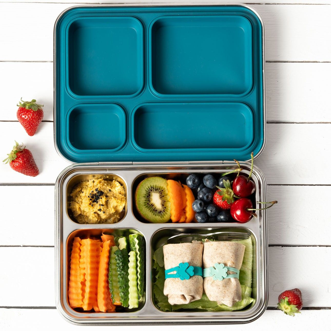 Niebieski bento box ze stali premium Lekkabox Maxi z komorami