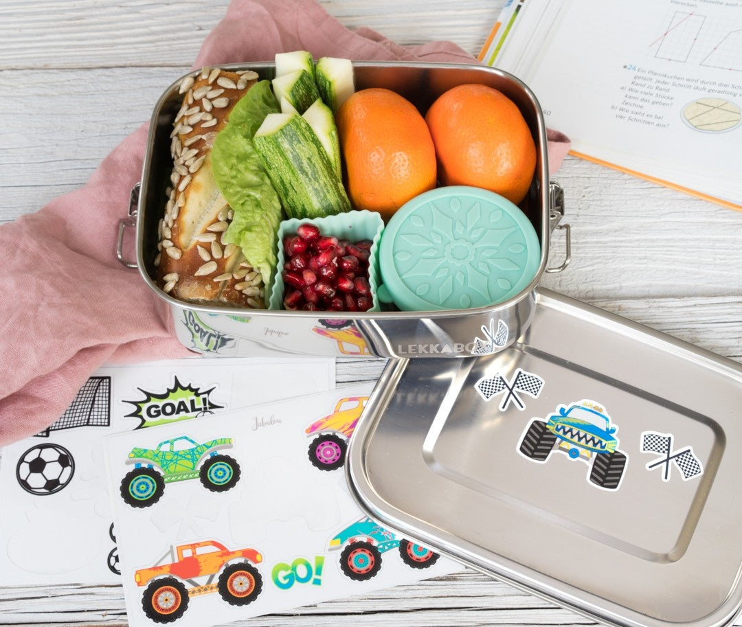 LEKKABOX® Dipper – zestaw 2 stalowych pojemników 50 ml i 100 ml na sosy, dipy i przyprawy, z szczelnymi silikonowymi pokrywkami.