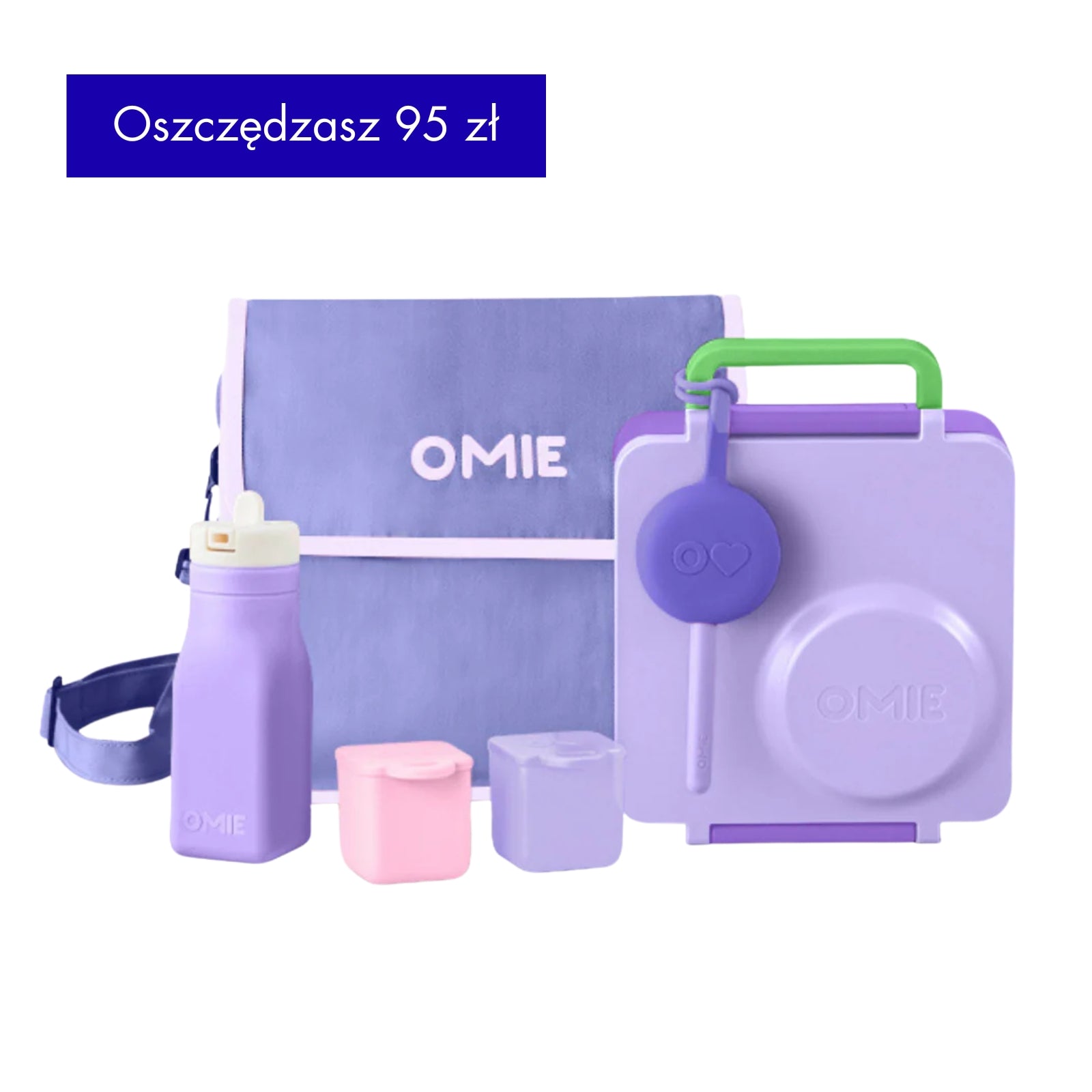 Fioletowy zestaw bento dla dzieci OmieBox Full Set Lilac Purple ze sztućcami i torbą
