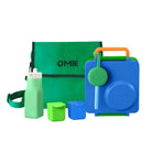 OmieBox Full Set Monster Blue - niebieski zestaw lunch boxa z termosem, sztućcami, pojemniczkami, butelką i torbą termiczną; dopasowany kolorystycznie, z uchwytem i przegródkami