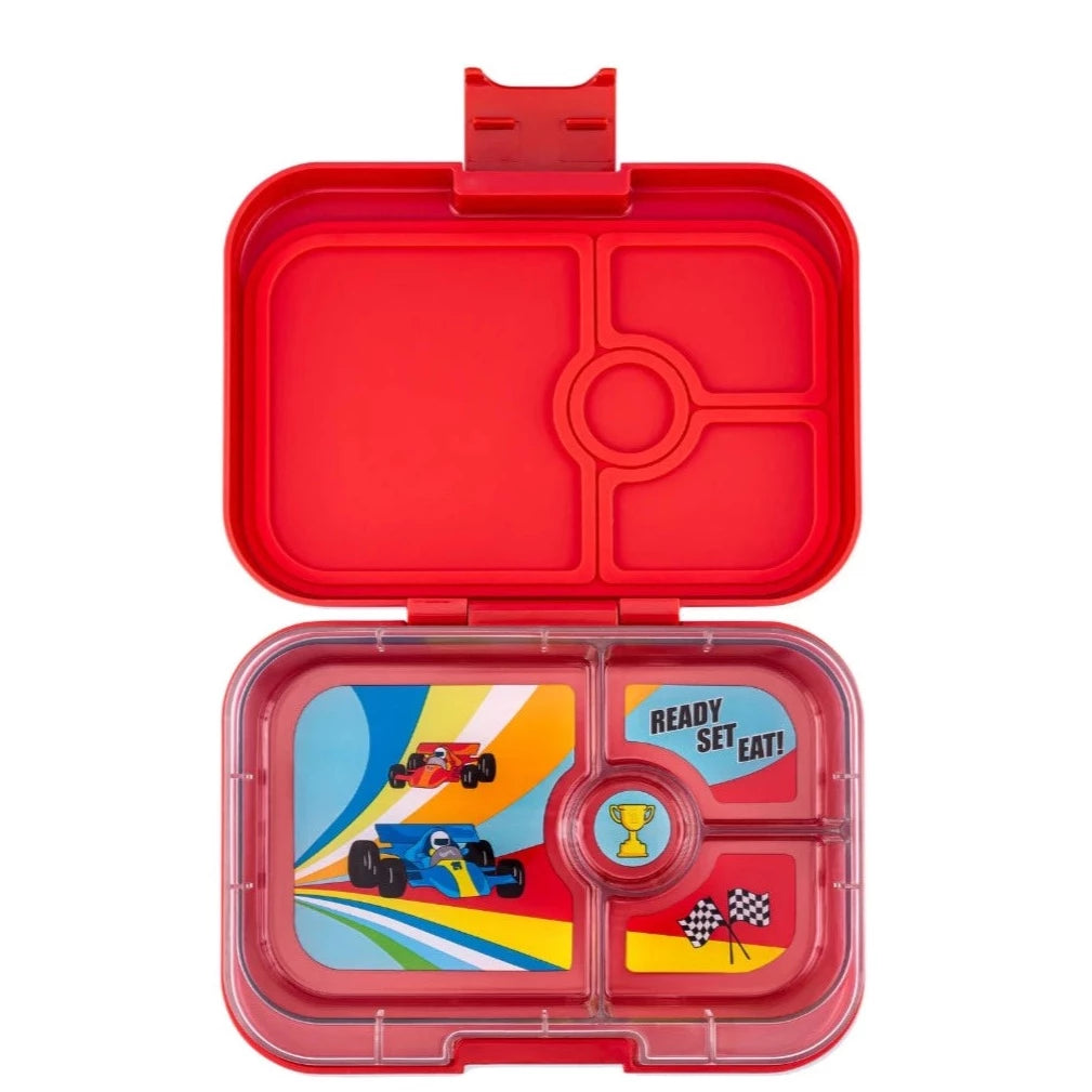 YUMBOX PANINO lunchbox, 4 przegródki, Roar Red/Race cars tray Yumbox Lunch Boxes & Totes | TwójLunchBox