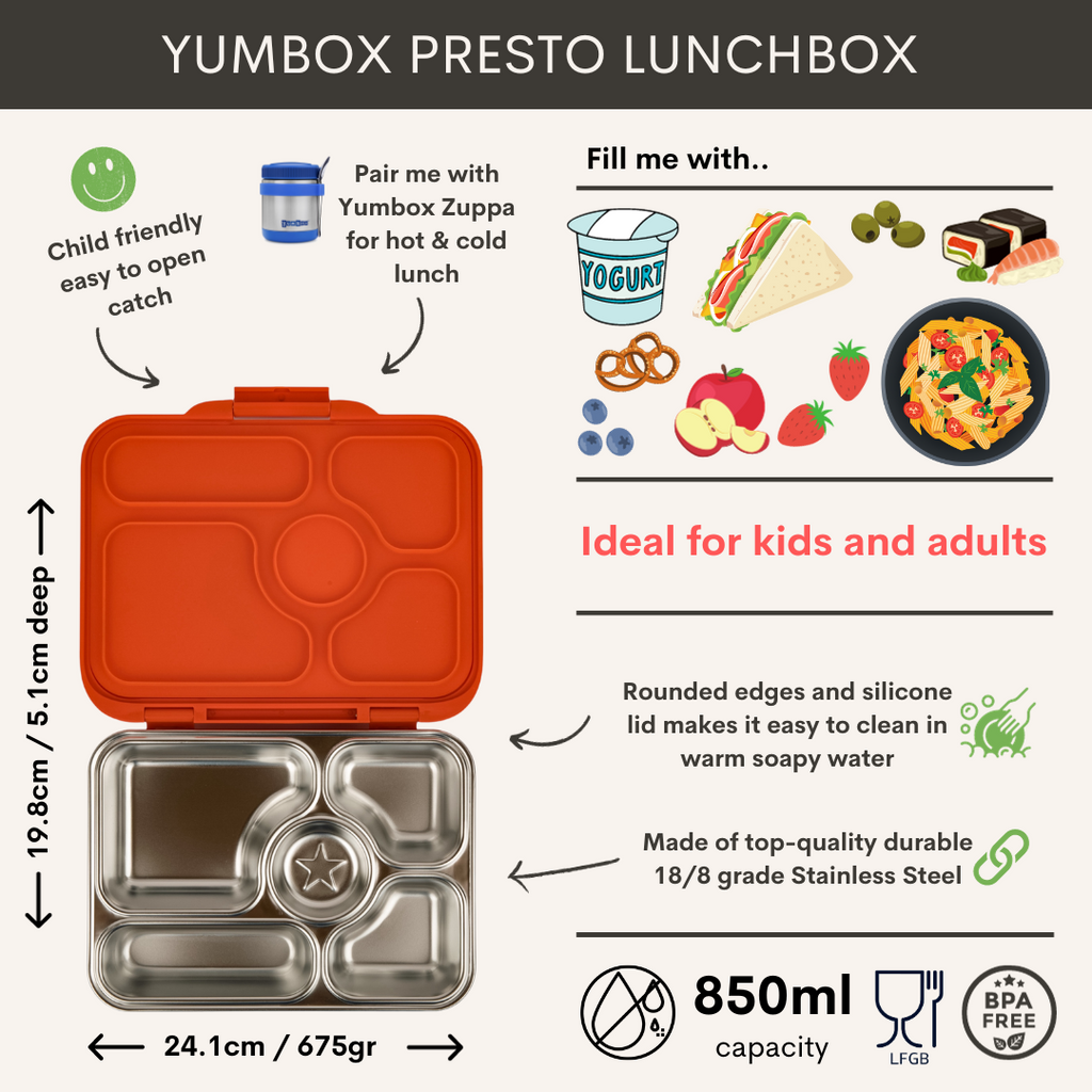 YUMBOX PRESTO stalowy lunchbox, 5 przegródek, Tango Orange Yumbox Lunch Boxes & Totes | TwójLunchBox