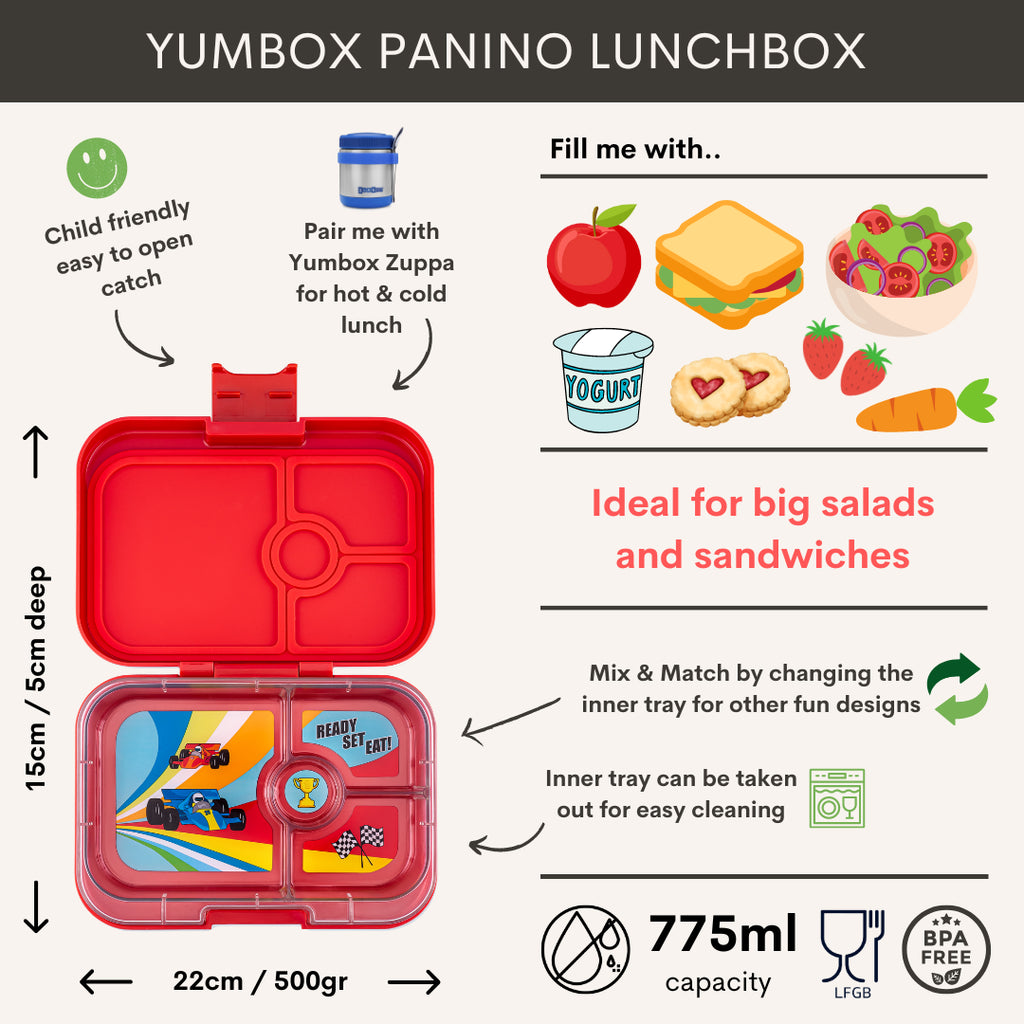 YUMBOX PANINO lunchbox, 4 przegródki, Roar Red/Race cars tray Yumbox Lunch Boxes & Totes | TwójLunchBox