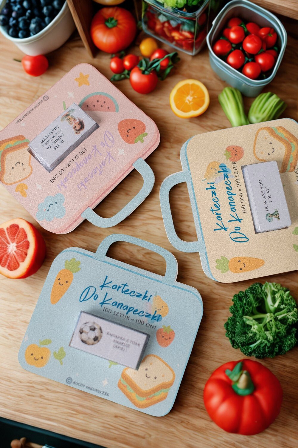 Karteczki do śniadaniówki dla dziewczynki Suchy Pakuneczek – zestaw 100 sztuk. Papier 200 g, pastelowe kolory, ręczne wykonanie, wymiary dopasowane do lunchboxa, motywacyjne i edukacyjne wiadomości codzienne, odporne na zgniecenia