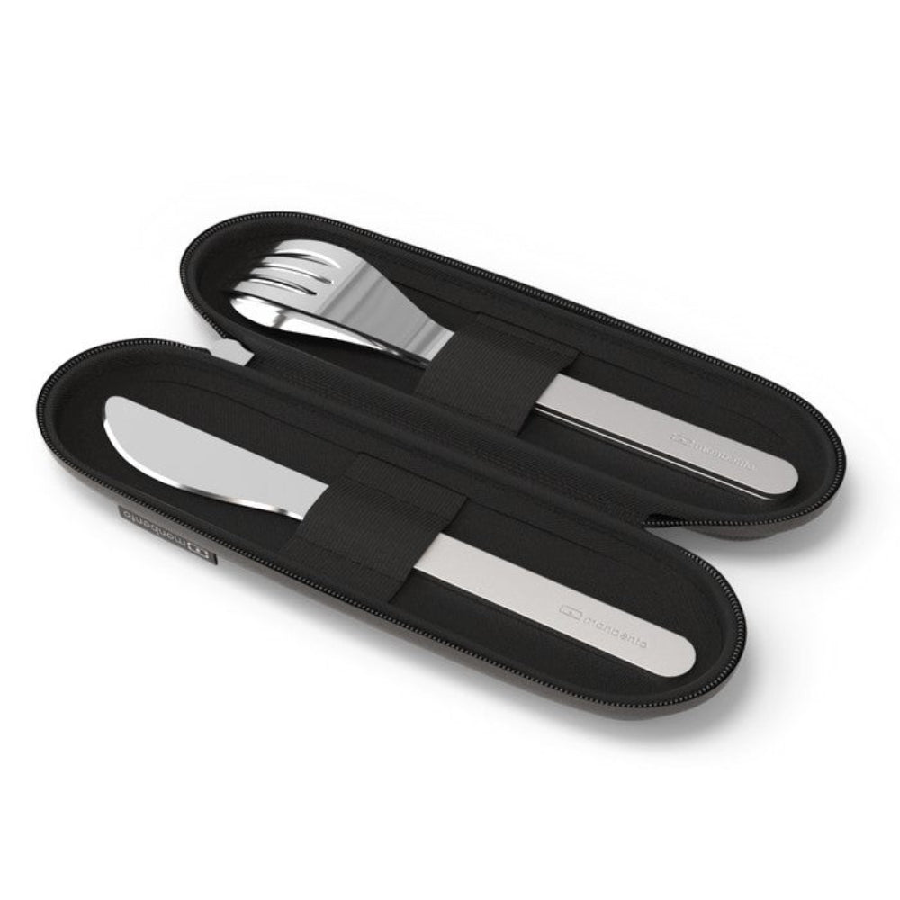 Monbento Slim Nest Black – stalowy zestaw sztućców w etui na suwak, lekki, kompaktowy, trwały i idealny w podróży, kolor: czarny