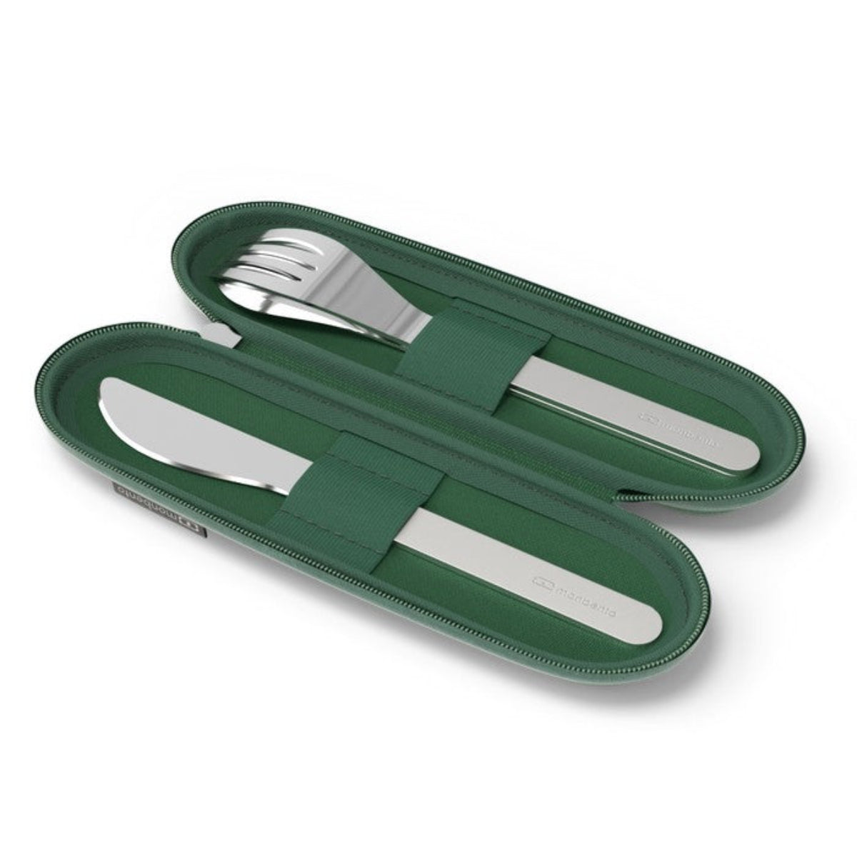Monbento Slim Nest Green – stalowy zestaw sztućców w etui na suwak, lekki, kompaktowy, trwały i idealny w podróży, kolor: zielony