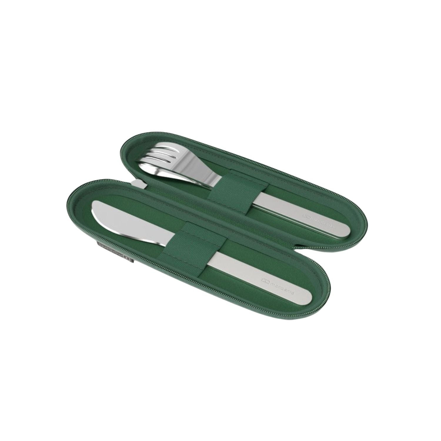Monbento Slim Nest Green – stalowy zestaw sztućców w etui na suwak, lekki, kompaktowy, trwały i idealny w podróży, kolor: zielony