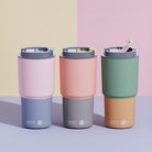 Kubek termiczny Asobu Pick Me Up Pastel Peach - 650 ml, pokrywka z ustnikiem, silikonowa podstawa, stal nierdzewna, 100% szczelności, kolor: brzoskwiniowy