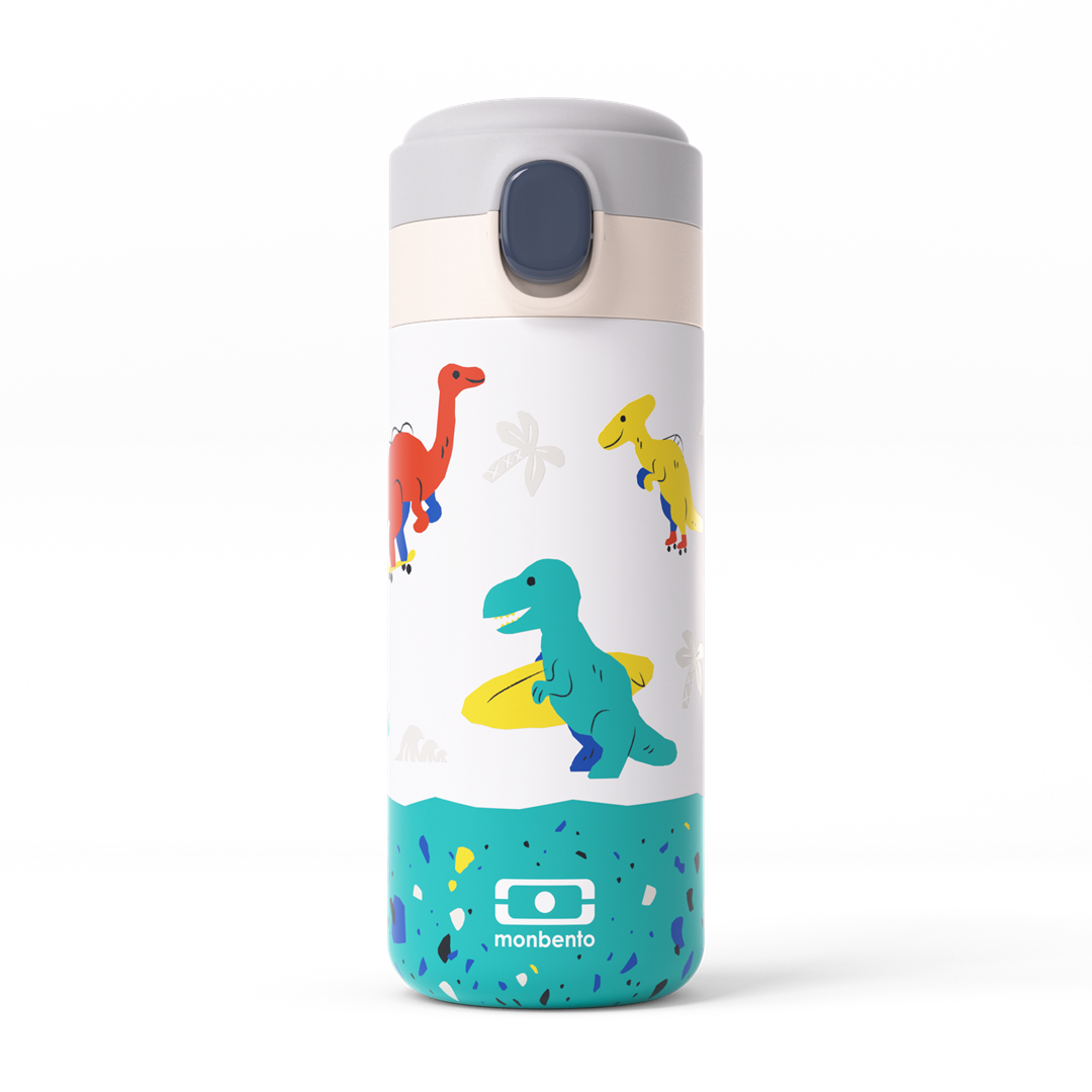Kubek termiczny dla dzieci Monbento Pop Dino – kompaktowy, poręczny i bezpieczny. Z izolacją próżniową, szczelny i wygodny do szkoły i na wycieczki, wzór: dinozaury