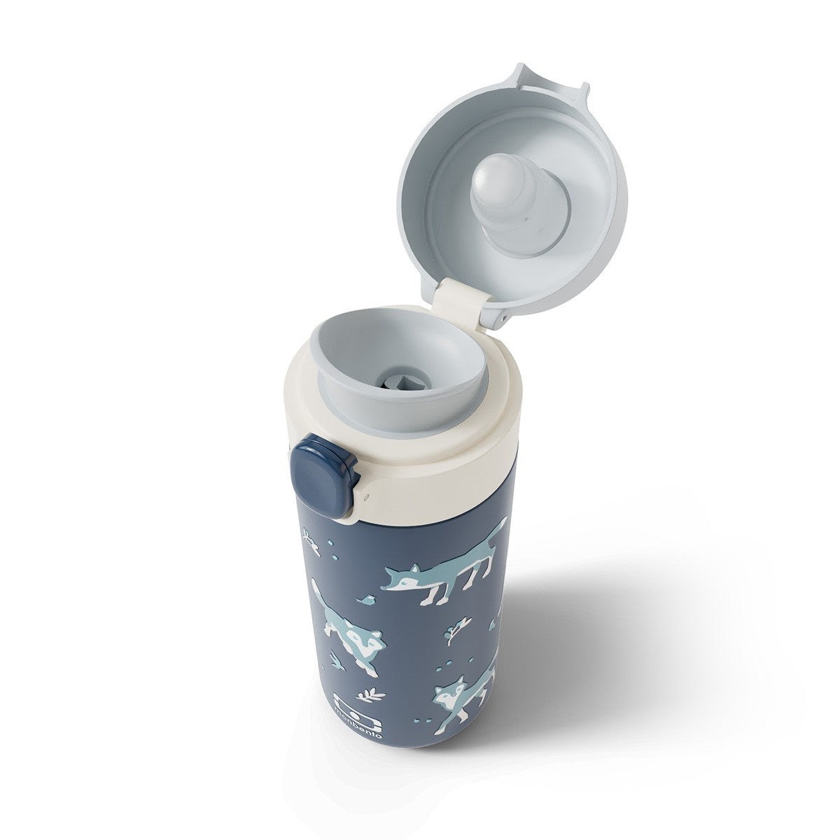 Niebieski kubek termiczny dla dzieci Monbento Pop Wolf – kompaktowy, poręczny i bezpieczny. Z izolacją próżniową, szczelny i wygodny do szkoły i na wycieczki, wzór: wilki