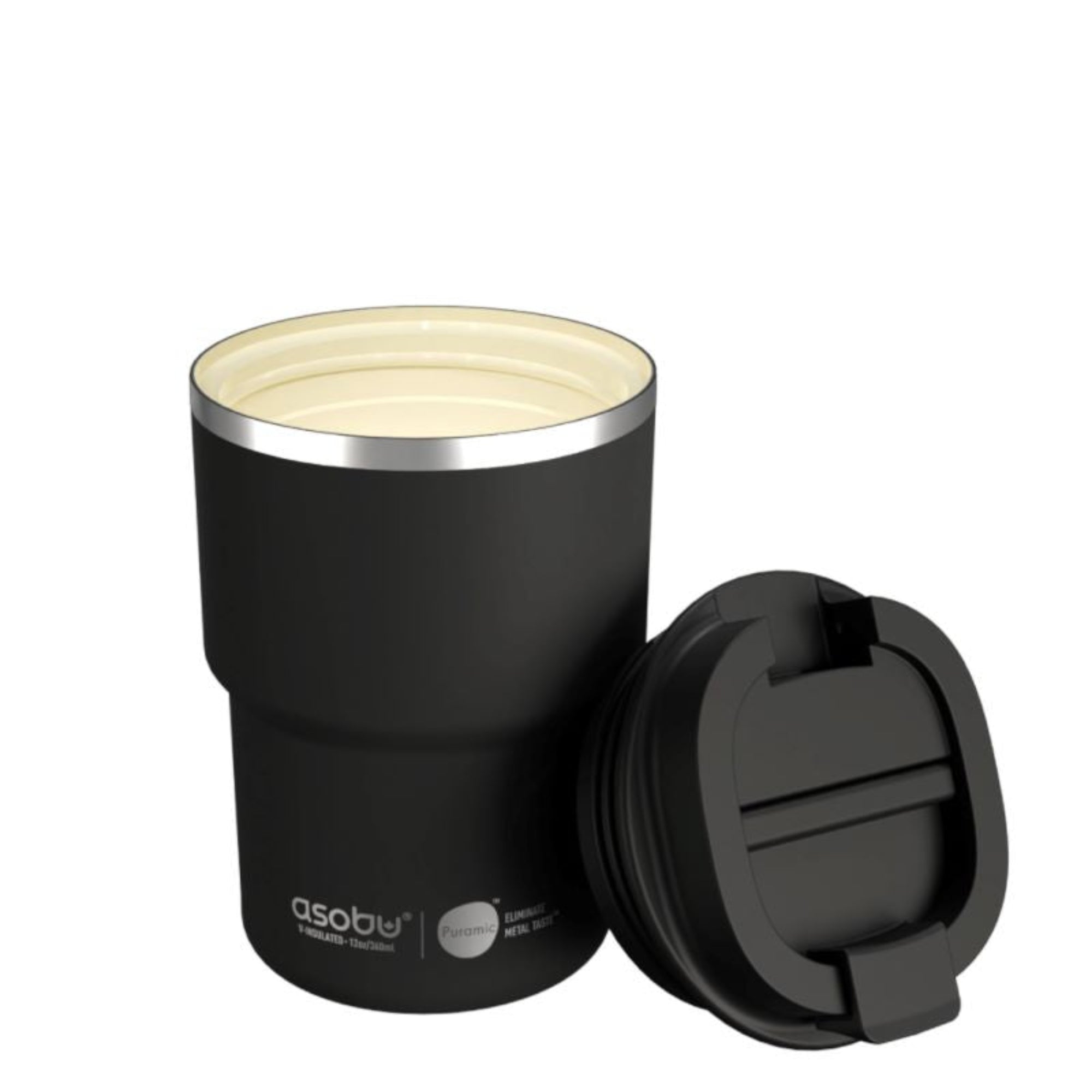 Asobu The Mini Pick Up czarny 355 ml – kompaktowy kubek termiczny z izolacją próżniową, ceramiczną powłoką i szczelną nakrętką.